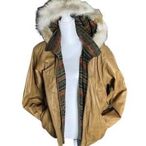 Winlit Vintage Tan Leather Coat Women Size Medium Faux Fur Trim Hooded